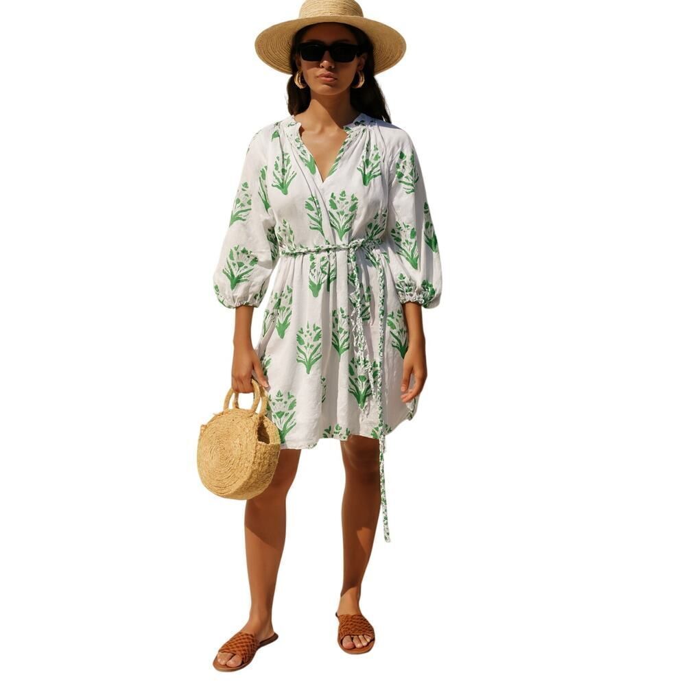 CARYN LAWN Women's Botanical Print Cotton Tunic Dress White/Green One Size